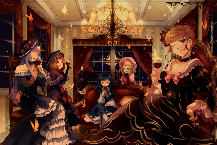 :p alcohol beatrice blue_hair brown_hair bug butterfly chair chandelier closed_eyes couch curtains dress eva_beatrice frederica_bernkastel frills gothic hair_bobbles hair_ornament hair_ribbon hanokage hat hime_cut insect lambdadelta multiple_girls one_eye_closed red_hair ribbon room suzushiro_kurumi tongue tongue_out too_many too_many_frills umineko_no_naku_koro_ni ushiromiya_ange virgilia window wine