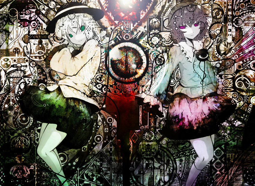 abstract bad_id bad_pixiv_id eyes green_eyes hat highres komeiji_koishi komeiji_satori koohee multiple_girls purple_eyes short_hair siblings sisters touhou wallpaper white_hair