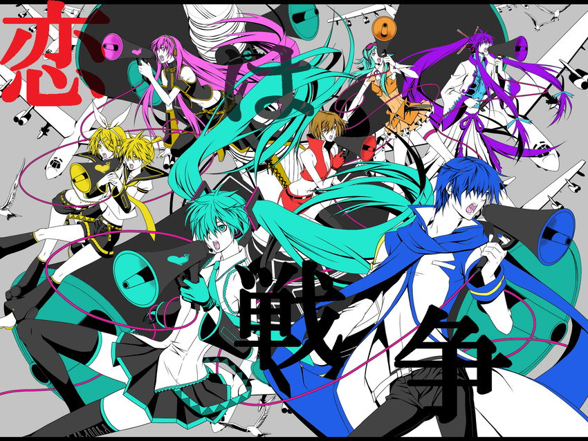 5girls aircraft airplane aqua_eyes aqua_hair artist_request bird blonde_hair blue_hair blue_scarf boots detached_sleeves everyone gloves gumi hatsune_miku highres kagamine_len kagamine_rin kaito kamui_gakupo koi_wa_sensou_(vocaloid) long_hair megaphone megurine_luka meiko multiple_boys multiple_girls open_mouth pink_hair purple_hair scarf short_hair shorts skirt thighhighs twintails vocaloid yellow_eyes