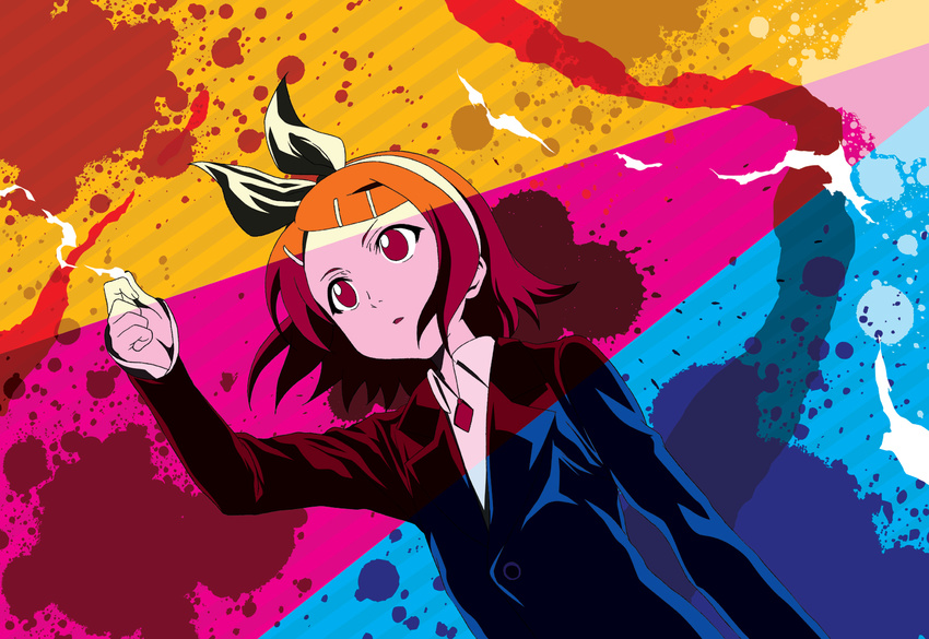 arm_at_side bangs blazer collared_shirt diamond_(shape) dutch_angle flat_chest hair_ribbon hairband hand_up holding jacket kagamine_rin limited_palette long_sleeves looking_away looking_up multicolored multicolored_background orange_hair parted_lips red_eyes ribbon shirt short_hair solo splatter striped striped_background swept_bangs torn_ribbon upper_body vocaloid