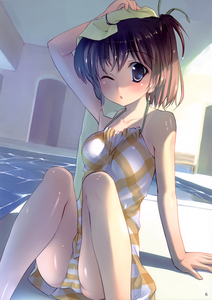 ;o absurdres arm_support bench blue_eyes brown_hair casual_one-piece_swimsuit copyright_request dress dutch_angle halterneck highres indoors one-piece_swimsuit one_eye_closed plaid plaid_dress pool poolside shiny shiny_skin sitting solo striped swimsuit takoyaki_(roast) towel towel_on_head water wet