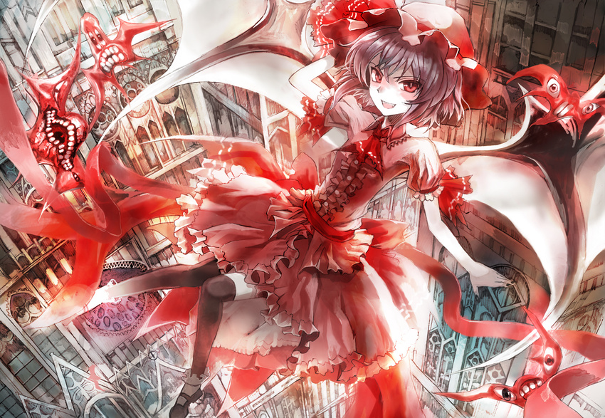 architecture bat_wings church gothic_architecture hat monster purple_hair red_eyes remilia_scarlet short_hair solo thighhighs touhou ultimate_asuka wallpaper wings