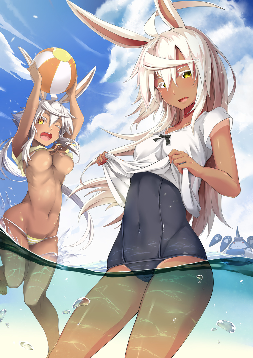 absurdres ahoge animal_ears ball bangs beachball bikini black_swimsuit blue_sky blush breasts bunny_ears cleavage cloud cloudy_sky covered_navel covered_nipples day green_eyes hair_between_eyes highres hips holding holding_ball jie_laite lifted_by_self long_hair looking_at_viewer medium_breasts micro_bikini multiple_girls navel ocean open_mouth original outdoors partially_underwater_shot school_swimsuit shirt shirt_lift short_hair_with_long_locks short_sleeves sidelocks sky small_breasts smile striped striped_bikini swimsuit tan thighs underboob v-neck wading white_hair white_shirt yellow_bikini yellow_eyes