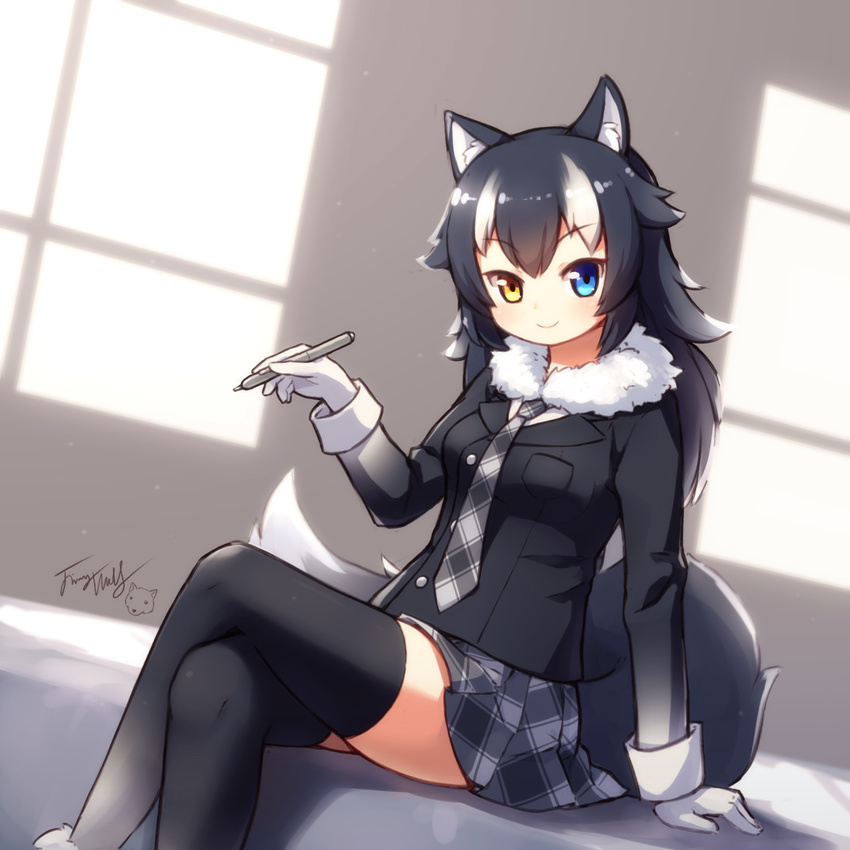 animal_ears black_hair fur_collar gloves grey_wolf_(kemono_friends) heterochromia highres kemono_friends langbazi long_hair long_sleeves looking_at_viewer multicolored_hair necktie solo tail thighhighs two-tone_hair wolf_ears wolf_tail