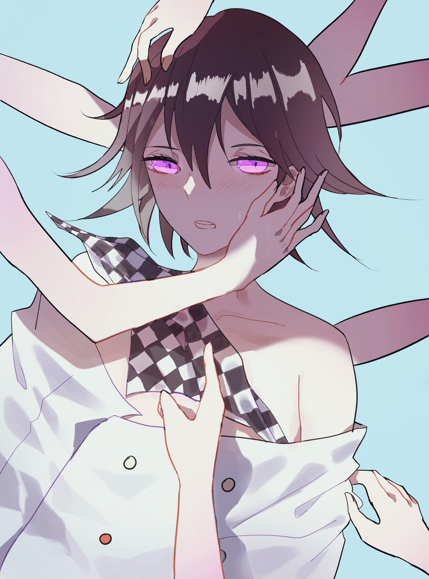 androgynous assisted_exposure bad_id bad_pixiv_id black_hair blue_background blush buttons checkered checkered_scarf chocolate_(jitong) collarbone danganronpa eyelashes hands highres looking_at_viewer male_focus new_danganronpa_v3 ouma_kokichi purple_eyes scarf simple_background solo straitjacket undressing