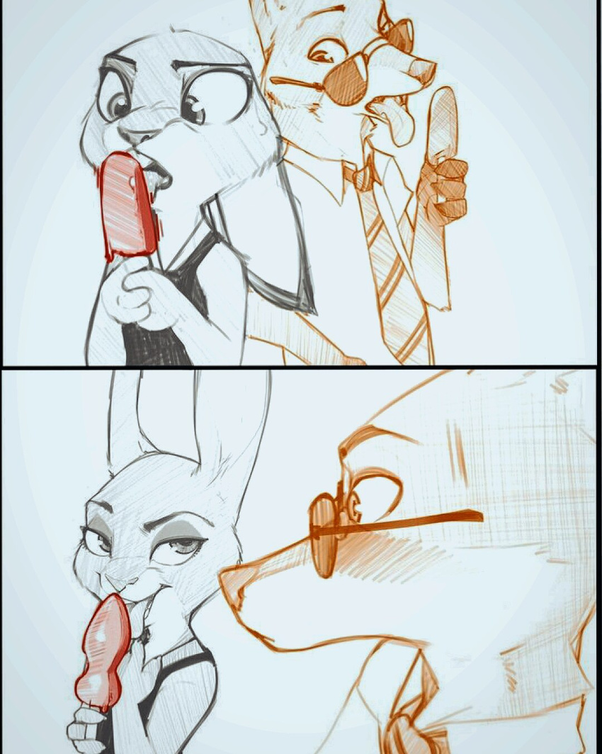 canine clothed clothing comic confusion dessert disney duo female food fox glass hint ice_cream judy_hopps lagomorph male mammal necktie nick_wilde rabbit shirt simple_background sun_glass t-shirt tongue tongue_out zootopia