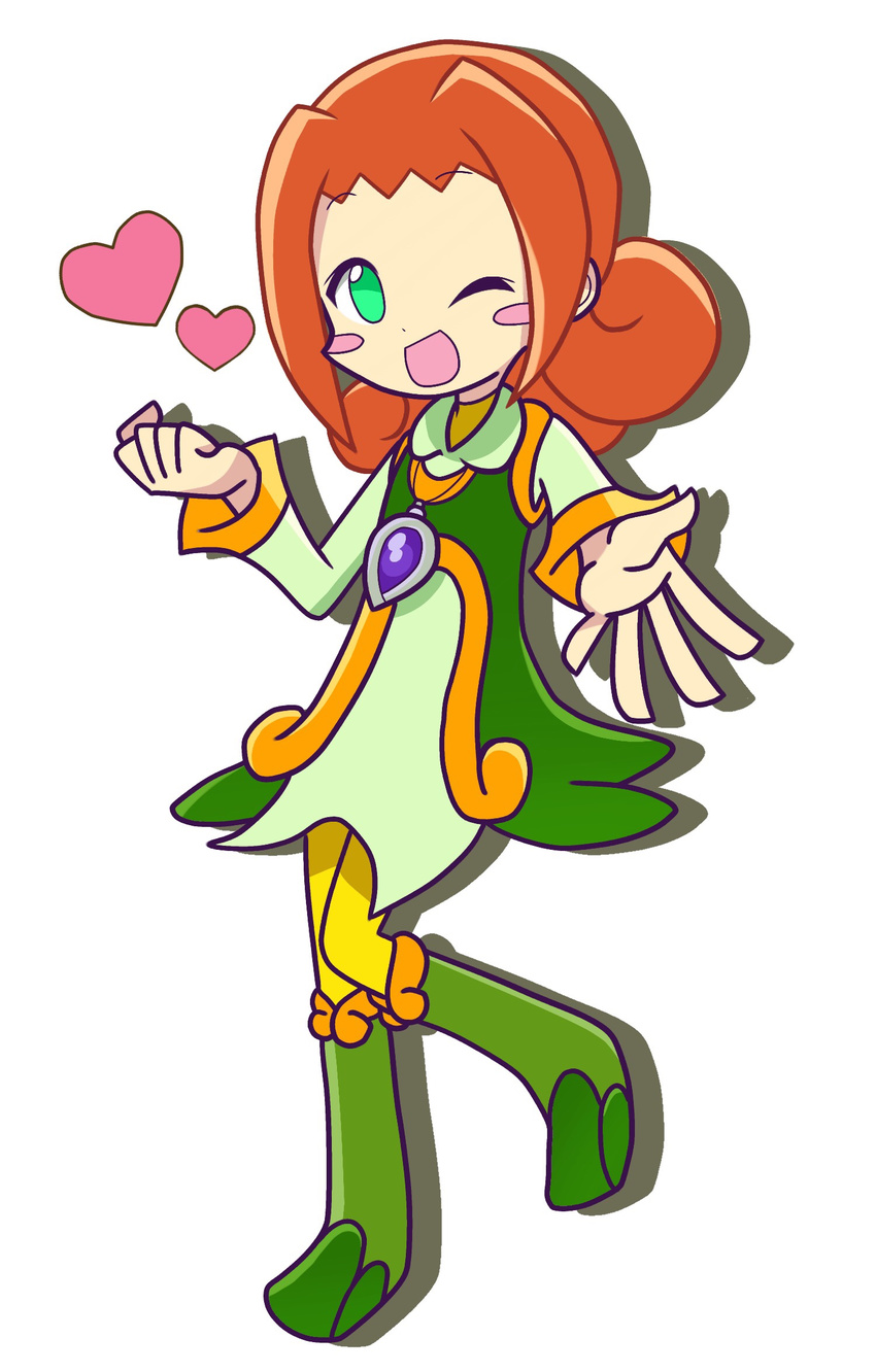 1girl ally_(puyopuyo) blush_stickers boots closed green_eyes happy heart official_style one_eye open_mouth orange_hair pants puyopuyo sega short_hair sleeves smile solo wink yellow_pants