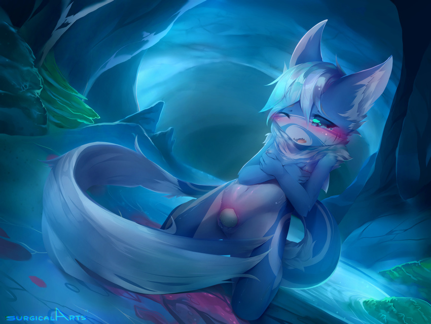 blue_eyes blue_hair blush cave covering covering_breasts cub female fish floofshark hair long_tail marine one_eye_closed oviposition pussy shark surgicalarts tongue underwater water young