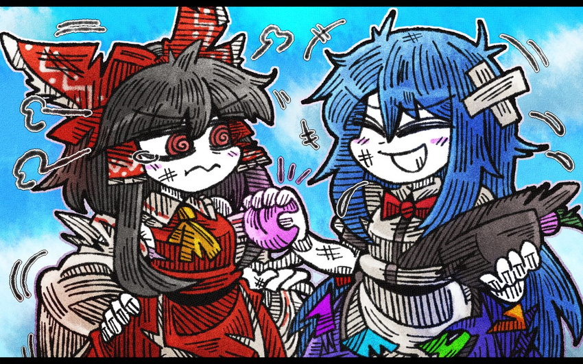 2girls =3 al_bhed_eyes ascot bangs black_hair black_hat blouse blue_background blue_hair blue_skirt blunt_bangs blush_stickers bow bowtie closed_eyes crossed_bandaids detached_sleeves eyebrows_visible_through_hair food fruit grin hair_between_eyes hair_bow hakurei_reimu hat hat_leaf hat_removed headwear_removed hinanawi_tenshi injury letterboxed line_shading long_hair messy_hair multiple_girls peach pout puffy_cheeks red_bow red_eyes red_neckwear red_skirt red_vest sidelocks skirt skirt_set smile suenari_(peace) torn_clothes torn_hat touhou vest white_blouse white_skin wide_sleeves yellow_neckwear