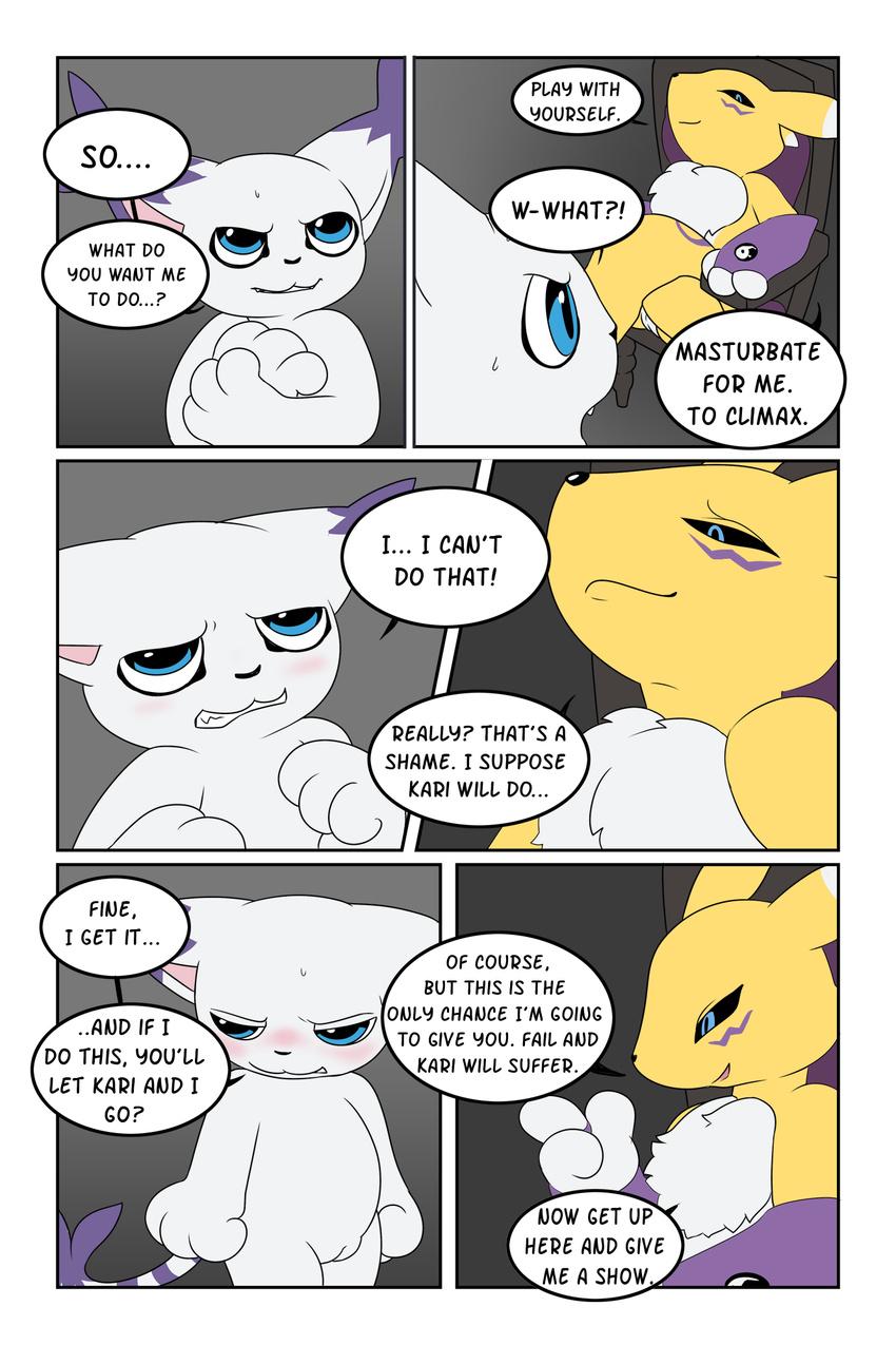blue_eyes blush canine cat clothing comic dialogue digimon domination duo english_text feline female female/female female_domination fox fur gatomon gloves humiliation mammal nude pussy renamon slimefur smile text tuft white_fur yellow_fur