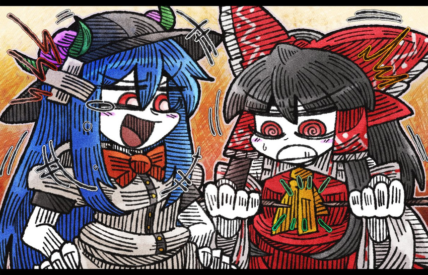 /\/\/\ 2girls :d al_bhed_eyes ascot bangs black_hair black_hat blouse blue_hair blunt_bangs blush_stickers bow bowtie broken clenched_teeth commentary_request crossed_bandaids detached_sleeves eyebrows_visible_through_hair food fruit gohei hair_between_eyes hair_bow hair_tubes hakurei_reimu hat hat_leaf hinanawi_tenshi laughing letterboxed long_hair multiple_girls open_mouth orange_background peach puffy_short_sleeves puffy_sleeves red_bow red_eyes red_neckwear short_sleeves smile suenari_(peace) tearing_up teeth touhou v-shaped_eyebrows white_blouse white_skin wide_sleeves yellow_neckwear