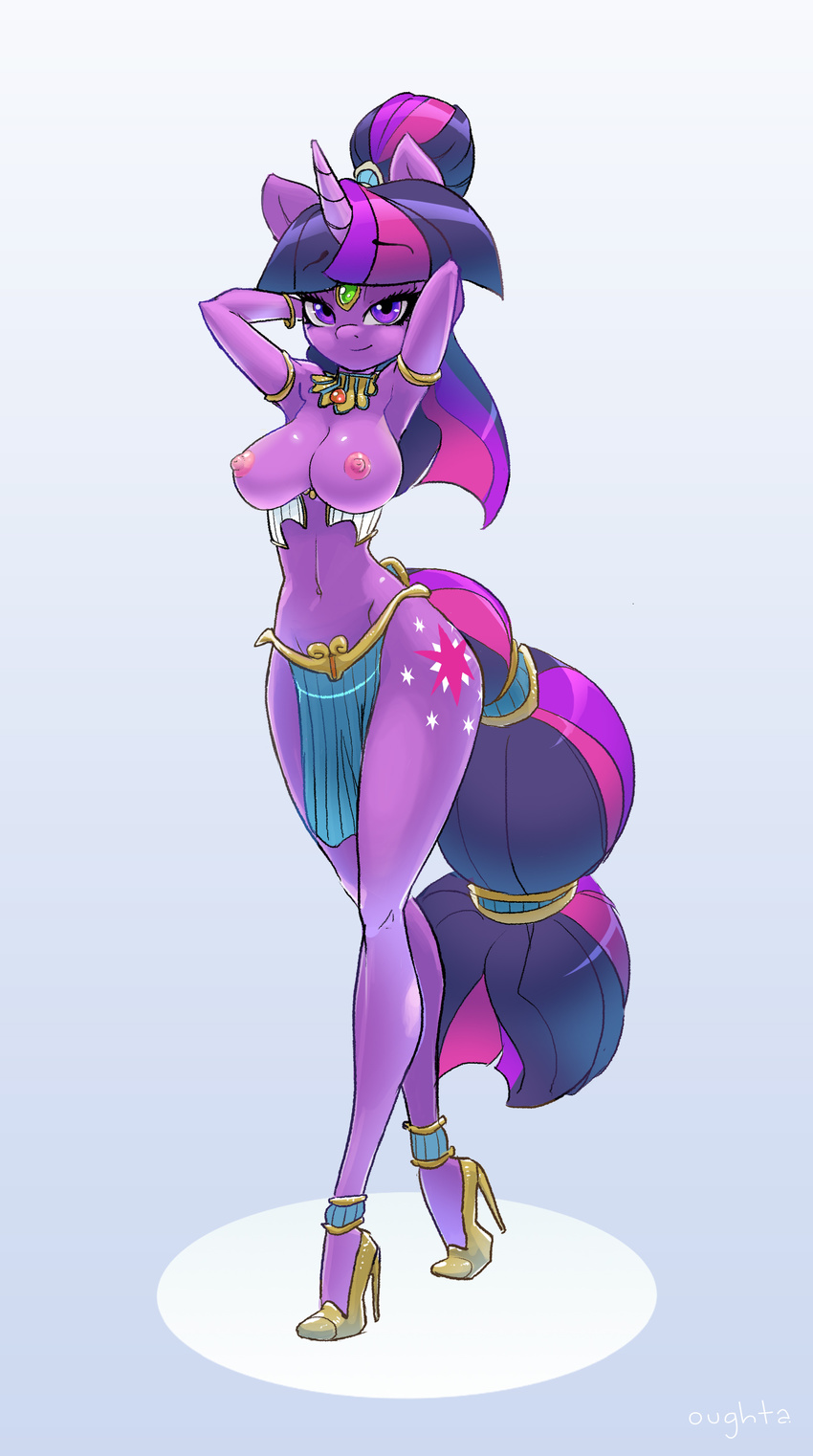 2017 anthro anthrofied areola armpits bedroom_eyes big_breasts breasts clothed clothing cutie_mark equine female footwear friendship_is_magic hair half-closed_eyes hands_behind_head high_heels horn loincloth long_hair looking_at_viewer mammal multicolored_hair my_little_pony navel nipples oughta_(artist) purple_eyes seductive shoes simple_background smile solo standing twilight_sparkle_(mlp) unicorn