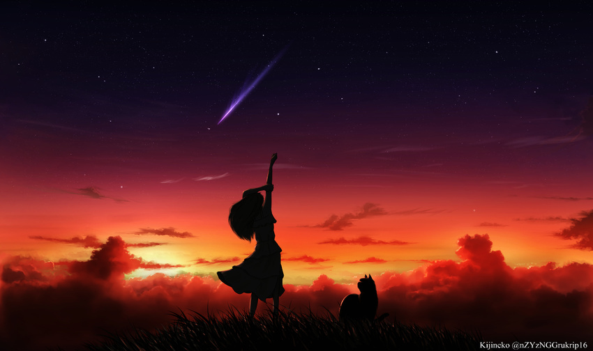 arm_above_head artist_name cat cloud dress from_behind grass hand_on_own_arm holding_arm kijineko layered_dress long_hair original outdoors shooting_star silhouette sky solo star_(sky) starry_sky stretch sunset twitter_username wind