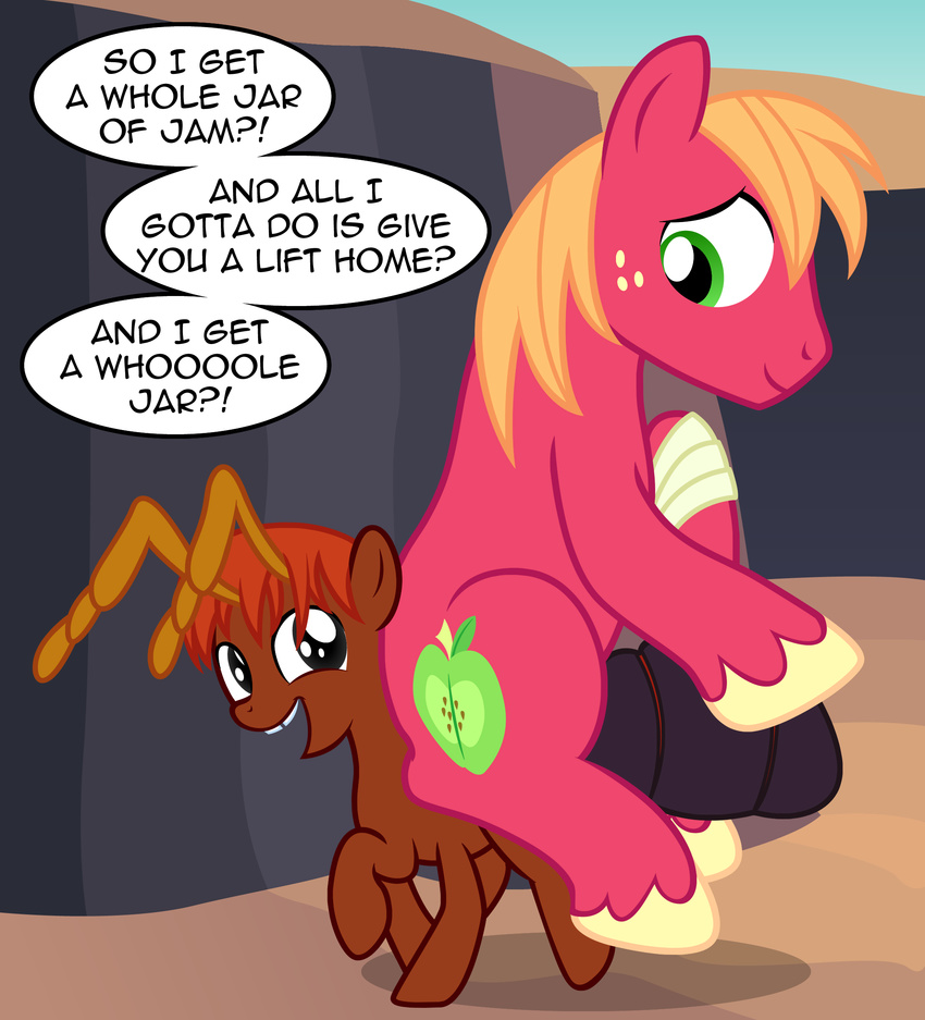 2017 ant ant_pony arthropod badumsquish bandage big_macintosh_(mlp) dialogue duo fan_character friendship_is_magic gap_teeth grin happy insect looking_back monster my_little_pony riding safe six_legs smile wounded