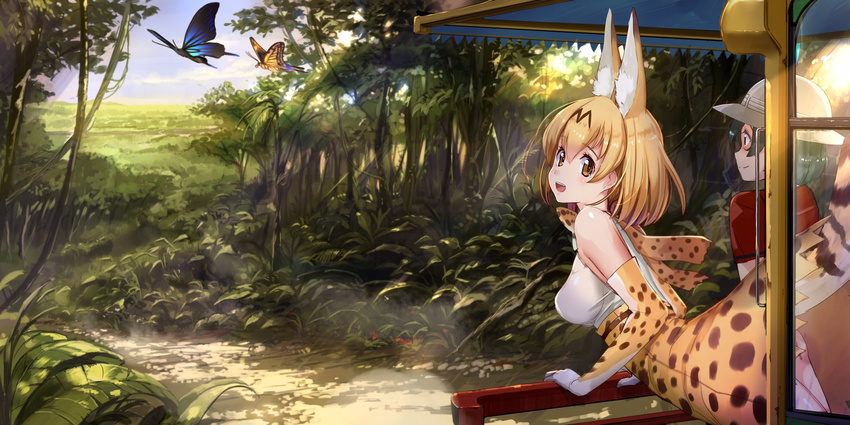 :d akasaai animal_ears arm_support black_hair blonde_hair breasts brown_eyes bug butterfly day dirt_road elbow_gloves from_behind gloves ground_vehicle hat highres insect kaban_(kemono_friends) kemono_friends leaning_forward light_rays looking_at_viewer looking_back medium_breasts motor_vehicle multiple_girls nature open_mouth outdoors perky_breasts plant road safari serval_(kemono_friends) serval_ears serval_print serval_tail short_hair sleeveless smile sunbeam sunlight tail tree