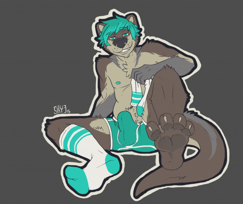 2015 anthro bulge claws clothing erection feet foot_focus legwear male mammal mustelid otter paws sky3 socks solo underwear