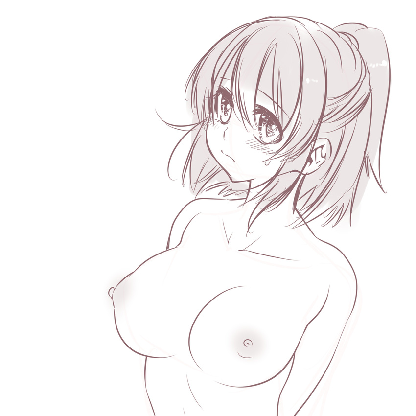 arle_nadja blush breasts collarbone hair_between_eyes highres large_breasts madou_monogatari monochrome nipples nude oyuki_(otozuki_mozuku) ponytail puyopuyo short_hair solo