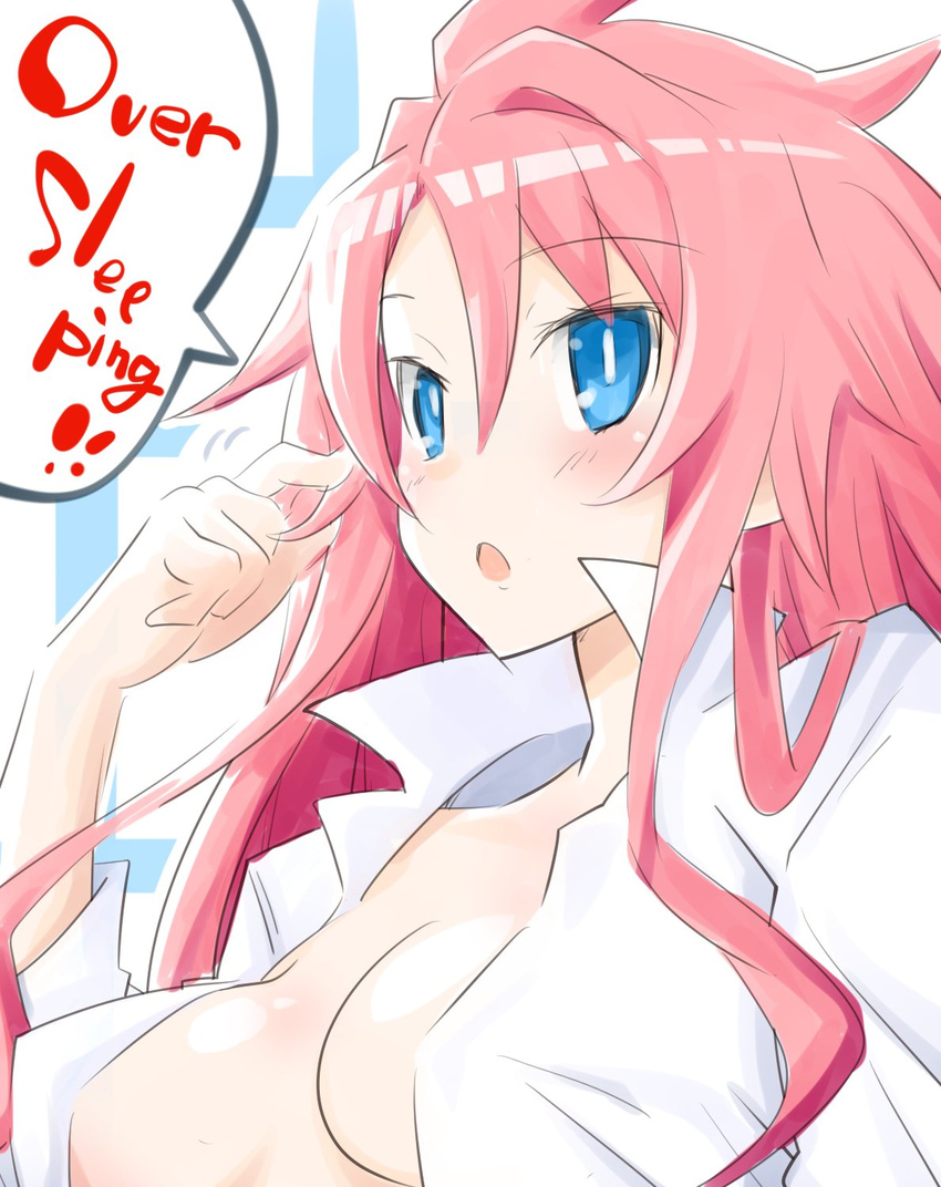 blue_eyes blush breasts disgaea english highres iwasi-r looking_at_viewer medium_breasts open_clothes open_mouth open_shirt pink_hair pointy_ears shirt smile solo vulcanus_(disgaea_4)