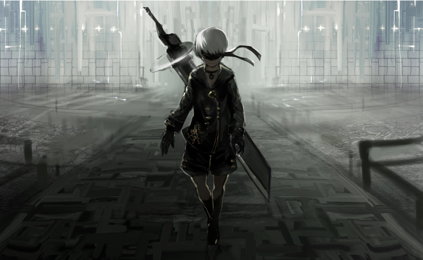 black_choker blindfold boots choker gloves highres male_focus nier_(series) nier_automata pale_skin shorts solo sword tarbo_(exxxpiation) walking weapon weapon_on_back white_hair yorha_no._9_type_s