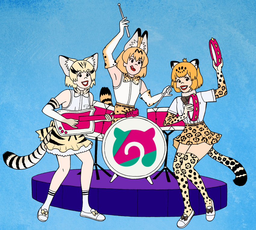 animal_ears bare_shoulders blonde_hair bow bowtie cat_ears cat_tail commentary_request drum drum_set drumsticks elbow_gloves eyebrows_visible_through_hair fur_collar gloves guitar instrument jaguar_(kemono_friends) jaguar_ears jaguar_tail japari_symbol josie_and_the_pussycats kemono_friends looking_at_viewer multicolored_hair multiple_girls music playing_instrument sand_cat_(kemono_friends) serval_(kemono_friends) serval_ears serval_print serval_tail shirt short_hair short_sleeves skirt sleeveless smile streaked_hair tail tambourine unno_hotaru white_shirt yellow_eyes