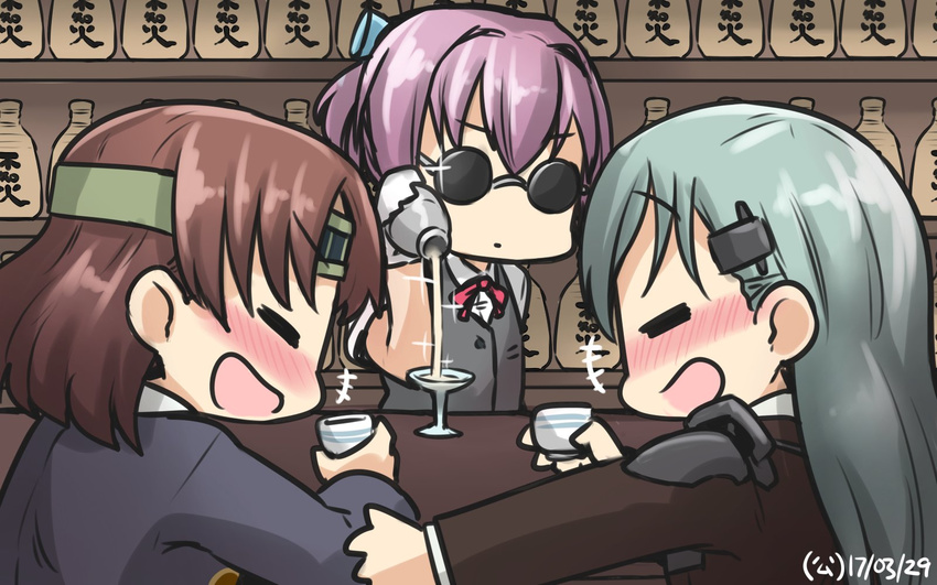 3girls =_= alcohol aqua_hair bartender blush bottle brown_hair chiyoda_(kantai_collection) choko_(cup) closed_eyes cocktail_glass commentary cup dated drinking drinking_glass drunk hair_ornament hairclip hamu_koutarou headband headgear highres kantai_collection long_hair meme multiple_girls open_mouth pink_hair pouring sake sake_bottle salt_bae_(meme) shaker shiranui_(kantai_collection) short_hair sparkle sunglasses suzuya_(kantai_collection)