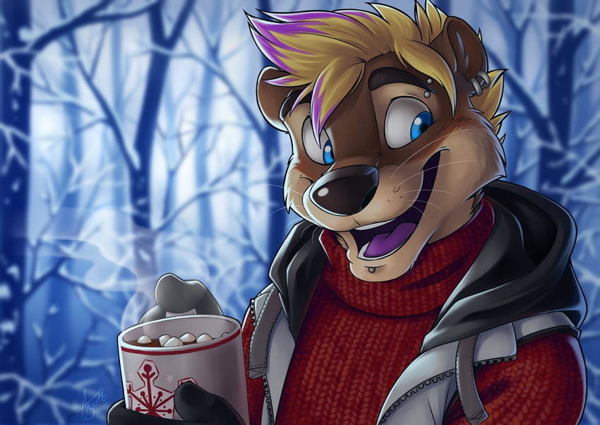 2016 ango76 anthro biped black_nose blonde_hair blue_eyes brown_fur bust_portrait clothed clothing cup digital_media_(artwork) ear_piercing eyebrow_piercing eyebrows facial_piercing forest front_view fur gemini_the_otter grey_clothing grey_topwear hair happy highlights holding_cup holding_object hot_chocolate lip_piercing male mammal multicolored_fur multicolored_hair mustelid open_mouth otter outside piercing portrait purple_hair purple_highlights purple_tongue red_clothing red_topwear short_hair signature smile solo standing sweater tan_fur tongue tree two_tone_fur two_tone_hair vest whiskers winter