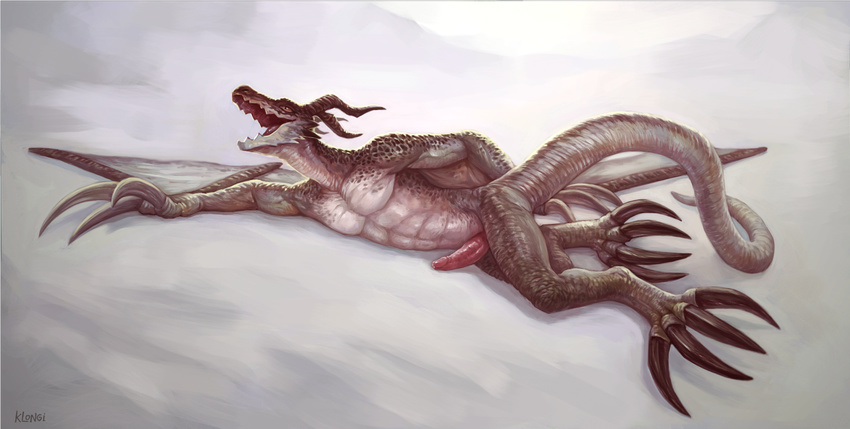 anthro big_claws black_claws claws dragon erection final_fantasy horn klongi lying male penis precum simple_background smile solo sprawled_out square_enix video_games wyvern