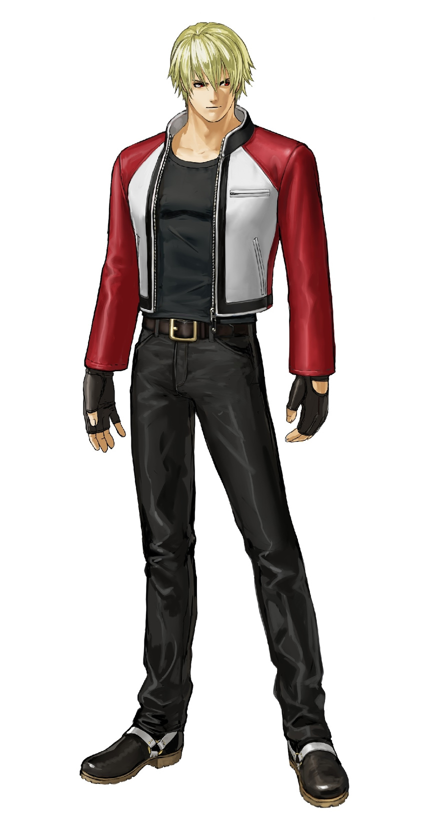 absurdres belt black_pants black_shirt blonde_hair fatal_fury fingerless_gloves gloves highres jacket male_focus mark_of_the_wolves official_art ogura_eisuke pants red_eyes red_jacket rock_howard shirt snk solo the_king_of_fighters the_king_of_fighters_xiv unzipped zipper