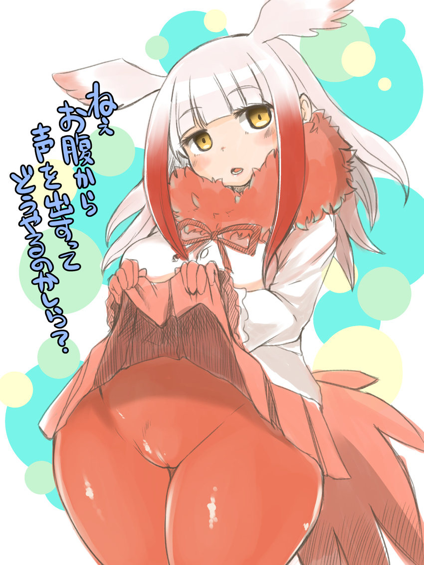 1girl artist_request bird_tail blunt_bangs blush buttons cowboy_shot crested_ibis_(kemono_friends) expressionless eyebrows_visible_through_hair eyelashes frilled_sleeves frills fur_collar gloves gradient hair head_wings long_sleeves medium_hair pantyhose pleated_skirt plump red_hair red_legwear ribbon sidelocks silver_hair skirt_lift solo standing thick_thighs two_tone_hair wide_hips wide_sleeves yellow_eyes