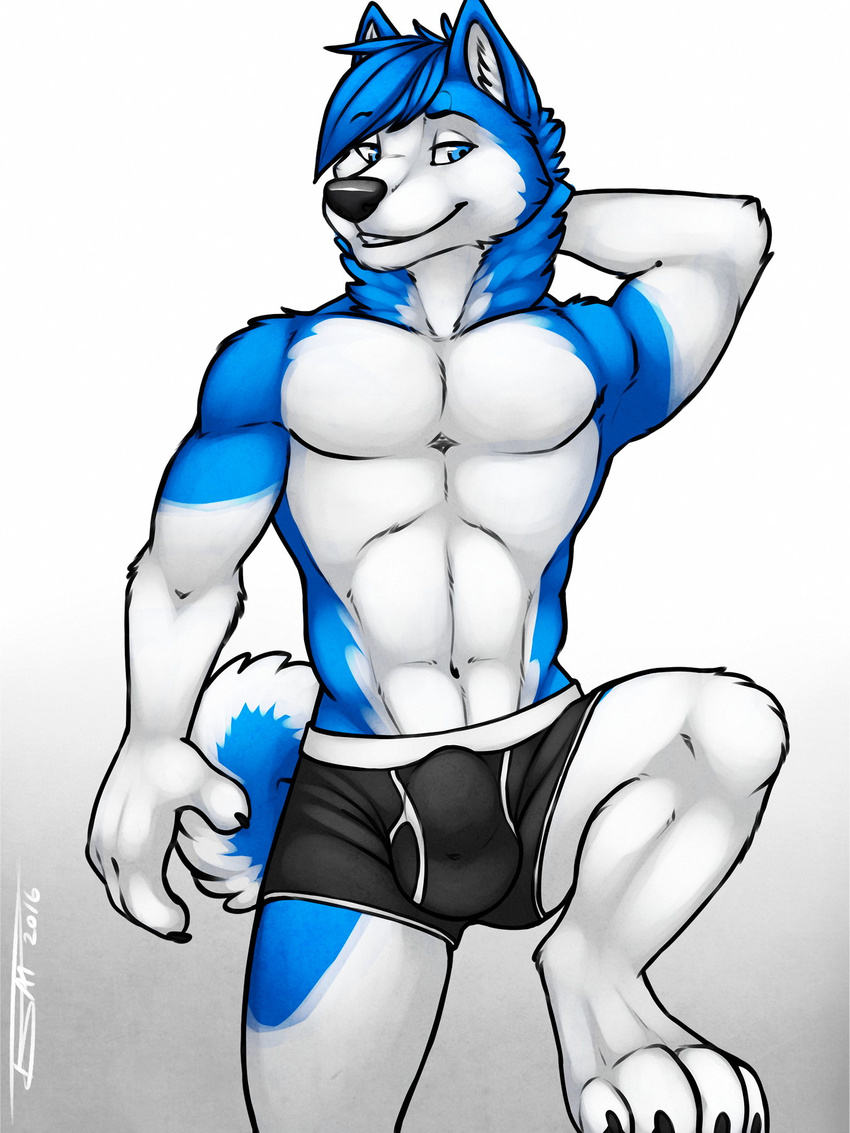 2016 4_toes abs anthro armpits athletic barefoot biped black_bottomwear black_claws black_clothing black_nose black_underwear blue_eyes blue_fur blue_hair blue_tail boxers_(clothing) bulge canine claws clothed clothing digital_media_(artwork) dog front_view fur hair hand_behind_head hi_res husky jhusky looking_away male mammal multicolored_fur on_one_leg pecs portrait short_hair signature smile snout solo standing three-quarter_portrait toe_claws toes tsaiwolf two_tone_fur two_tone_tail underwear white_fur white_tail