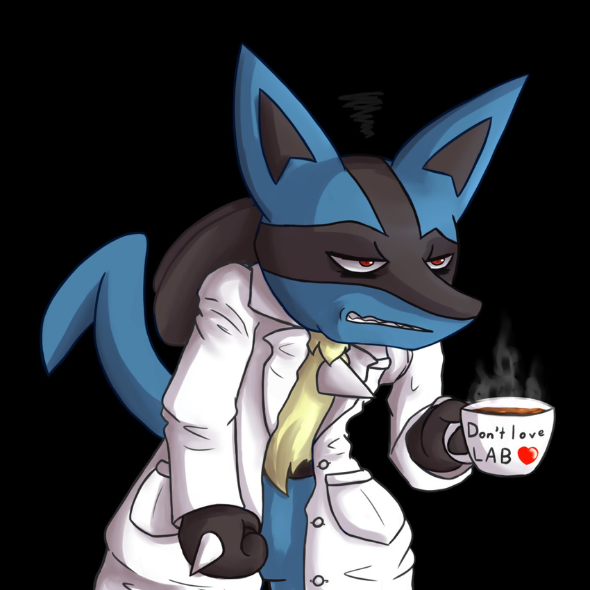 &lt;3 2017 ambiguous_gender beverage black_background black_fur blue_fur canine clothed clothing coffee cup english_text fur half-closed_eyes lab_coat lucario mammal nintendo partially_clothed pok&eacute;mon red_eyes simple_background solo spikes teeth text unknownlifeform video_games yellow_fur