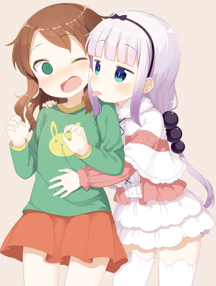 @_@ beads blue_eyes blush brown_hair dress green_eyes green_shirt hair_beads hair_ornament hairband hand_on_another's_shoulder hand_on_another's_stomach highres hug kanna_kamui kobayashi-san_chi_no_maidragon licking long_hair muku_(muku-coffee) multiple_girls one_eye_closed open_mouth pink_hair ribbon saikawa_riko shirt skirt surprised thighhighs tongue tongue_out twintails wavy_mouth white_legwear yuri