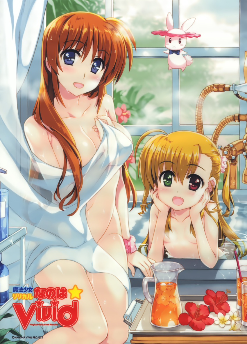 absurdres bathtub blonde_hair blush breasts brown_hair bunny claw_foot_bathtub cleavage convenient_arm covering flower fujima_takuya green_eyes hands_on_own_face heterochromia highres iced_tea large_breasts long_hair looking_at_viewer lyrical_nanoha mahou_shoujo_lyrical_nanoha_strikers mahou_shoujo_lyrical_nanoha_vivid mother_and_daughter multiple_girls navel nude official_art open_mouth pitcher purple_eyes red_eyes sacred_heart scan scrunchie shiny shiny_hair shiny_skin side_ponytail sitting small_breasts steam takamachi_nanoha text_focus vivio water wet window