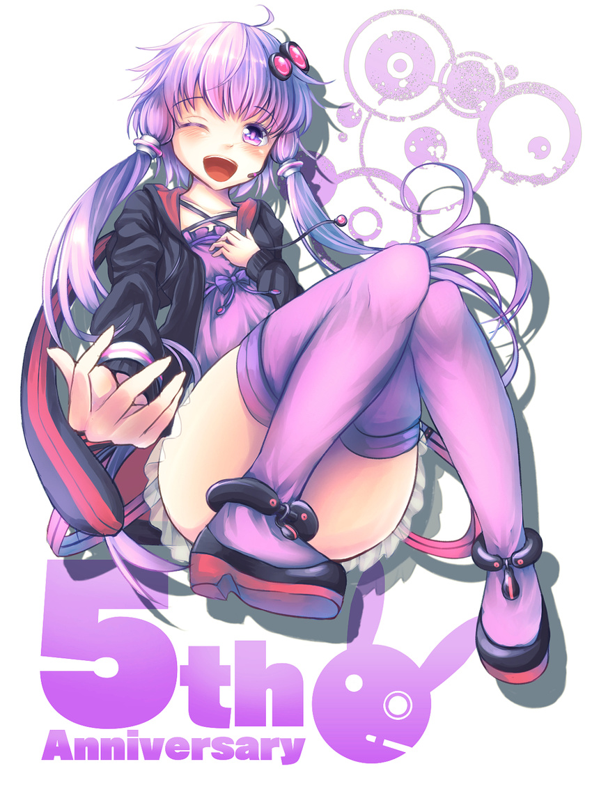 ahoge blush english eyebrows_visible_through_hair hair_ornament headset highres hood hoodie long_hair looking_at_viewer maru_daizu_(aqua6233) one_eye_closed open_mouth outstretched_arm purple_eyes purple_hair purple_legwear short_hair_with_long_locks sidelocks smile solo thighhighs vocaloid voiceroid yuzuki_yukari