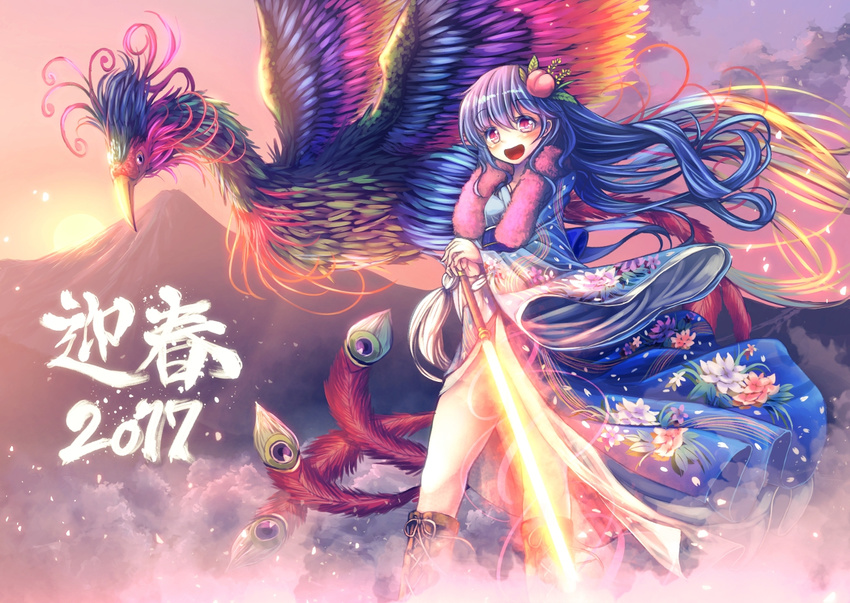 2017 animal bad_id bad_pixiv_id bird blue_hair blue_kimono blush boots brown_footwear commentary cross-laced_footwear eyebrows_visible_through_hair food food_themed_hair_ornament fruit hair_ornament hinanawi_tenshi holding holding_sword holding_weapon japanese_clothes kimono knee_boots lace-up_boots long_hair looking_at_viewer maru_daizu_(aqua6233) mountain open_mouth peach peach_hair_ornament phoenix red_eyes smile sunset sword sword_of_hisou touhou translation_request weapon