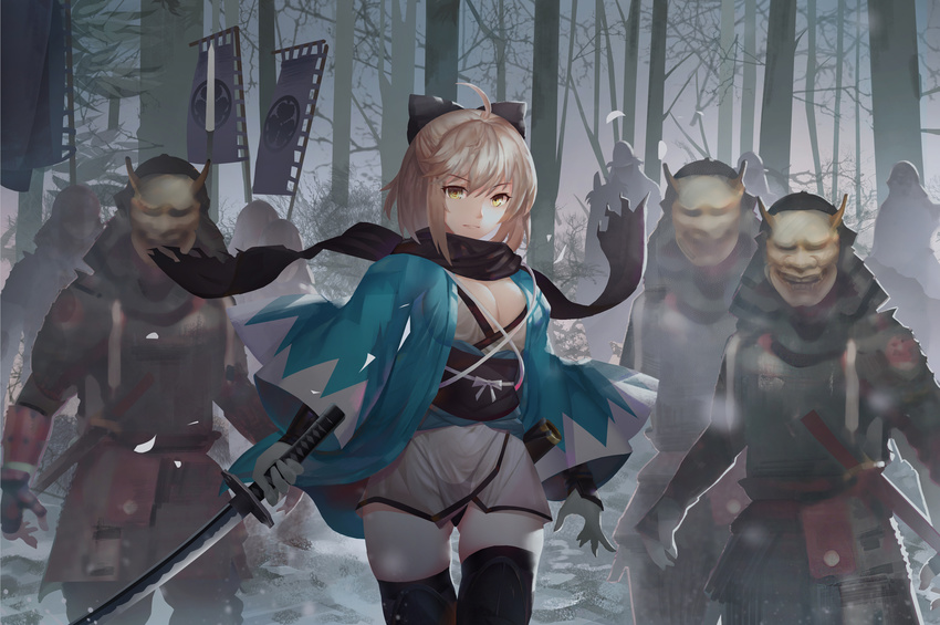 ahoge aqua_jacket armor army bangs banner black_bow black_legwear black_scarf blonde_hair bow breasts cleavage closed_mouth cowboy_shot emblem expressionless eyebrows_visible_through_hair family_crest fate_(series) forest gloves hair_between_eyes hair_bow haori helmet highres holding holding_sword holding_weapon jacket japanese_armor japanese_clothes katana kimono koha-ace kote kusazuri large_breasts long_sleeves looking_at_viewer magician_(china) md5_mismatch mitsuba_aoi_(tokugawa_mon) nature okita_souji_(fate) okita_souji_(fate)_(all) oni_mask open_clothes open_jacket outdoors petals samurai sash scabbard scarf sheath sheathed shinsengumi short_hair short_kimono solo_focus standing sword thighhighs tree unsheathed weapon white_gloves white_kimono wide_sleeves wind yellow_eyes