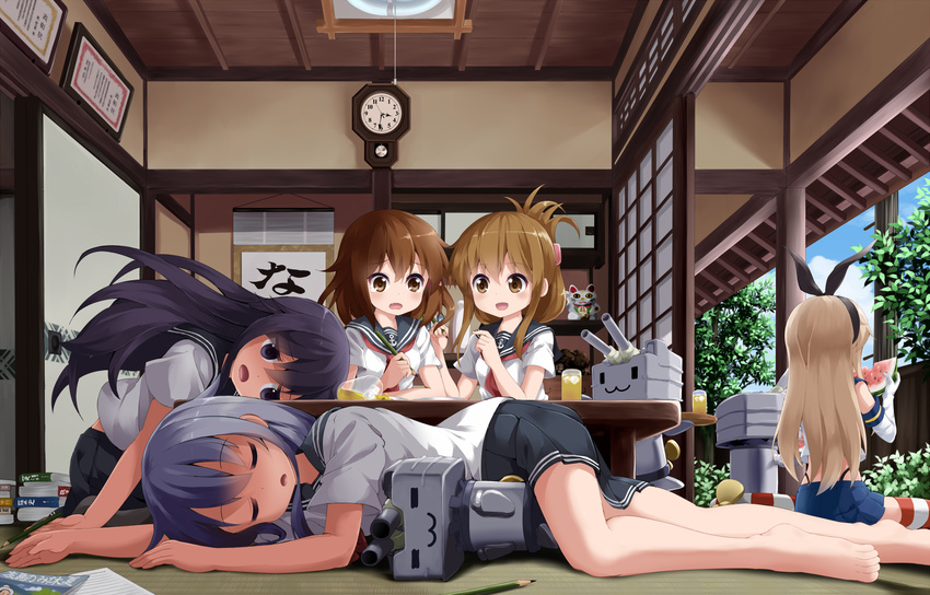 :3 akatsuki_(kantai_collection) anchor_symbol arms_at_sides bare_legs bare_shoulders barefoot black_legwear black_panties black_ribbon black_skirt blonde_hair blue_skirt blue_sky book_stack brown_eyes brown_hair bush cannon ceiling_light clock closed_eyes cloud cup day drinking_glass eating elbow_gloves exhausted fence folded_ponytail food fruit gloves hair_ribbon hairband head_rest hibiki_(kantai_collection) highleg highleg_panties homework hot ice ice_cube iced_tea ikazuchi_(kantai_collection) inazuma_(kantai_collection) indoors kantai_collection lifebuoy light_brown_hair long_hair machinery maneki-neko multiple_girls no_headwear no_legwear panties pantyhose pencil plant propeller purple_eyes purple_hair rensouhou-chan revision ribbon robot ruu_(tksymkw) school_uniform scroll serafuku shimakaze_(kantai_collection) shirt short_hair short_sleeves sidelocks silver_hair skirt sky sleeping sliding_doors spill striped striped_legwear summer table tareme thighhighs thong tree turret underwear watermelon white_gloves white_shirt zettai_ryouiki