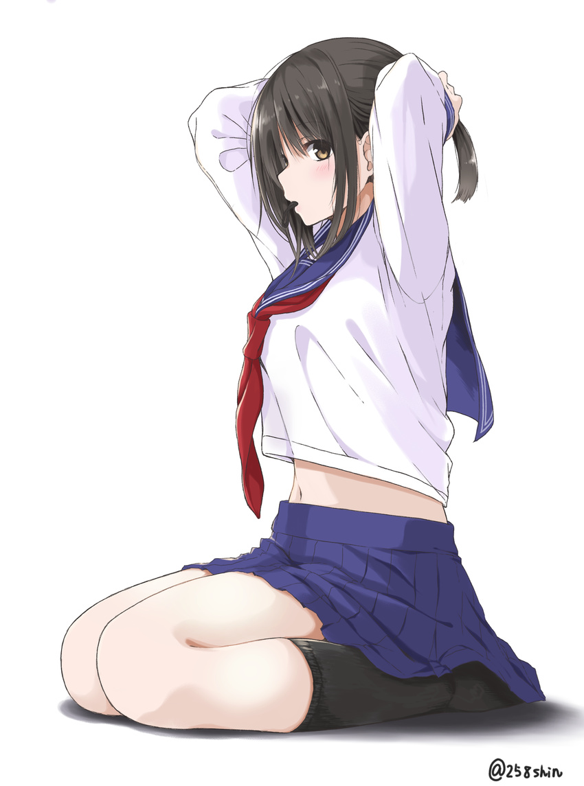 absurdres amu_(258shin) arms_up bangs black_hair black_legwear blue_skirt breasts brown_eyes commentary_request crop_top crop_top_overhang eyebrows_visible_through_hair from_side full_body hair_tie hair_tie_in_mouth highres kneehighs long_sleeves looking_at_viewer medium_breasts midriff mouth_hold navel neckerchief original pleated_skirt ponytail red_neckwear school_uniform serafuku sidelocks simple_background sitting skirt solo thighs twitter_username tying_hair wariza white_background