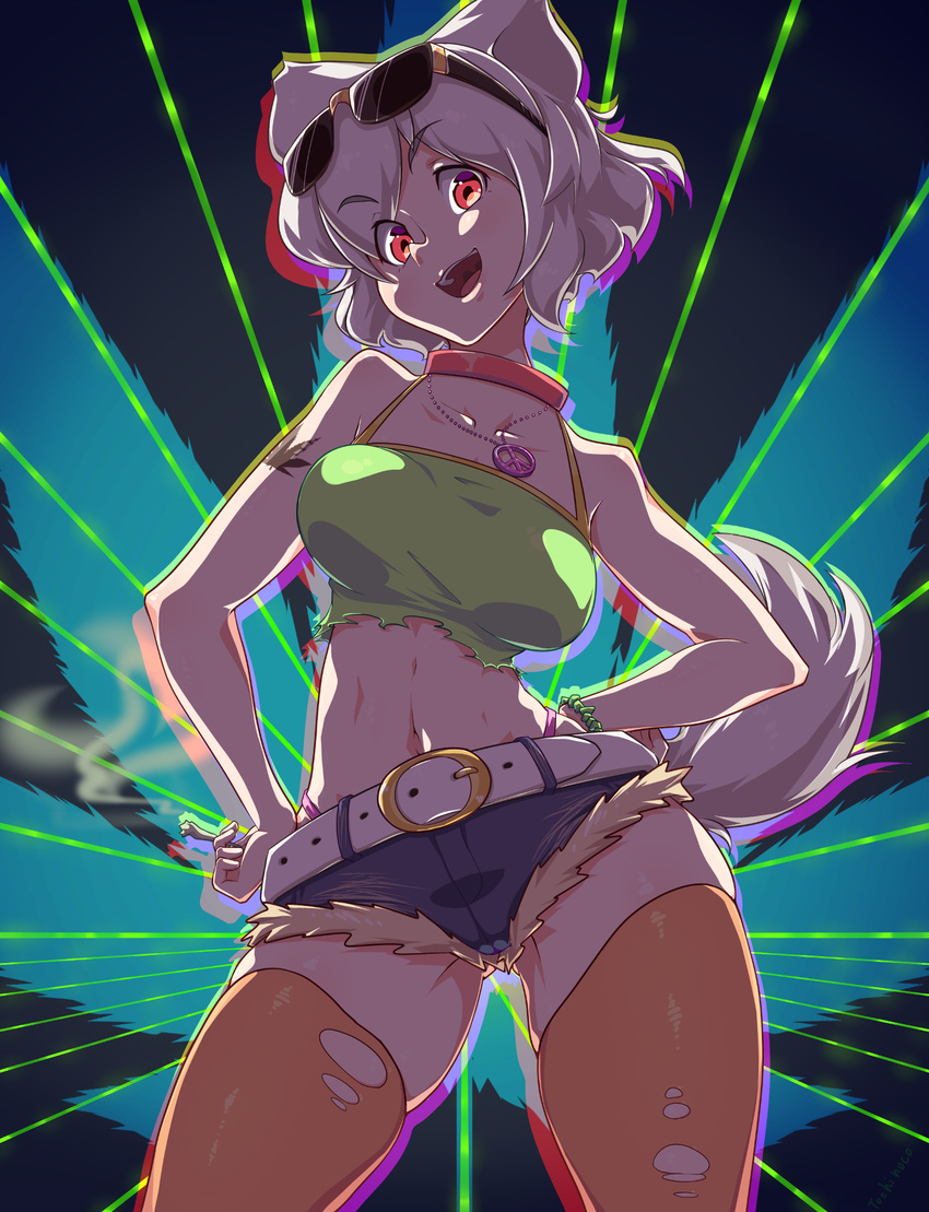alternate_costume animal_ears artist_name ass_visible_through_thighs backlighting bangs belt blue_background bracelet breasts choker cigarette contrapposto cutoffs denim denim_shorts eyebrows_visible_through_hair eyewear_on_head hair_between_eyes highleg highleg_panties highres hips holding holding_cigarette inubashiri_momiji jewelry joint looking_at_viewer marijuana medium_breasts midriff navel necklace open_mouth orange_legwear outline panties peace_symbol pendant purple_panties red_eyes shirt short_eyebrows short_shorts shorts sideways_glance silver_hair skindentation smile smoke solo standing sunglasses tail tank_top tattoo teeth thick_eyebrows thighhighs thighs tochinoko torn_clothes torn_legwear torn_shirt touhou underwear white_belt wolf_ears wolf_tail