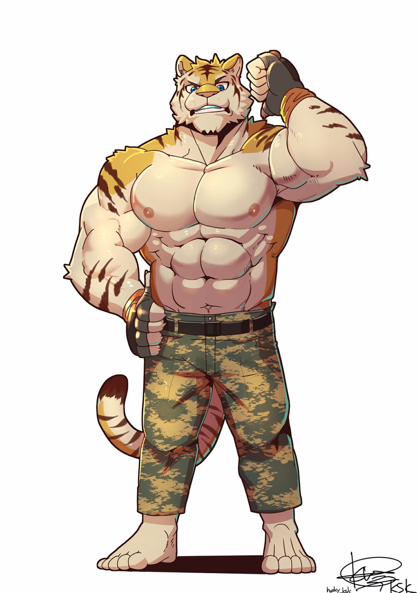 abs anthro big_muscles clothed clothing feline fur husky_(artist) koreanhusky male mammal muscular muscular_male nipples pecs tiger topless