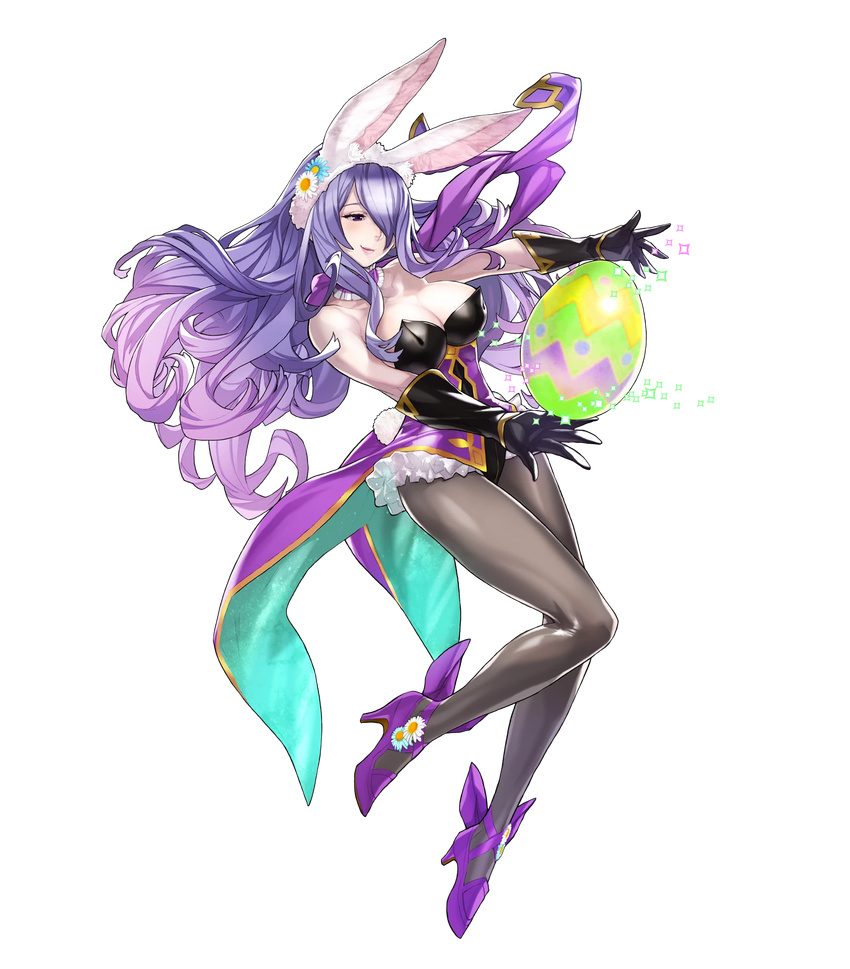 animal_ears bare_shoulders breasts bunny_ears bunny_tail camilla_(fire_emblem_if) choker cleavage easter easter_egg egg elbow_gloves fire_emblem fire_emblem_heroes fire_emblem_if flower frilled_choker frills full_body gloves hair_ornament hair_over_one_eye hat high_heels highres large_breasts leotard long_hair maeshima_shigeki official_art overskirt pantyhose purple_choker purple_hair smile solo sparkle tail transparent_background