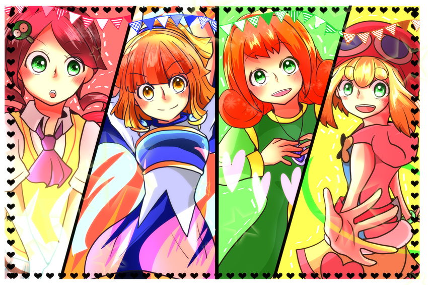 4girls ally_(puyopuyo) amitie amitie_(puyopuyo) andou_ringo arle_nadja belt blonde_hair blush bracelet brown_eyes compile drill_hair green_eyes hair_ornament looking_at_viewer madou_monogatari multiple_girls open_mouth orange_hair pendant ponytail puyopuyo puyopuyo_fever red_hair red_hat sega short_hair shorts skirt sleeveless sleeves smile