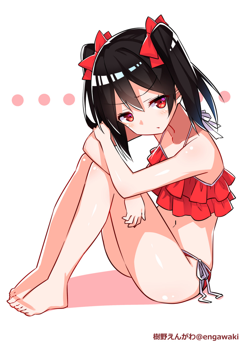 1girl artist_name barefoot bikini black_hair engawa_(rarenago) frilled_bikini frills from_side glaring highres jitome long_hair looking_at_viewer love_live! love_live!_school_idol_project navel red_bikini red_eyes side-tie_bikini sitting solo swimsuit twintails twitter_username yazawa_nico