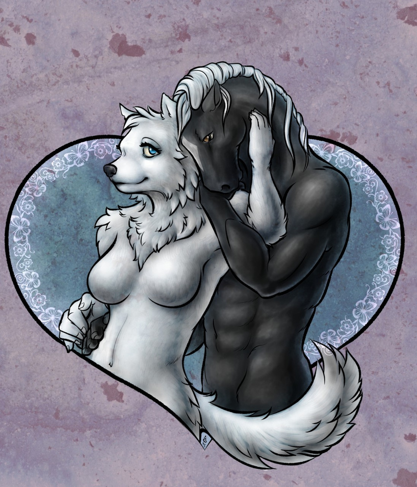 &lt;3 2017 abs anthro blue_eyes breasts brown_eyes canine chest_tuft duo equine featureless_breasts female fur half-length_portrait hand_on_hip hand_on_neck hi_res horse kierstal looking_back male mammal navel nude portrait romantic_couple simple_background smile tuft white_fur wolf