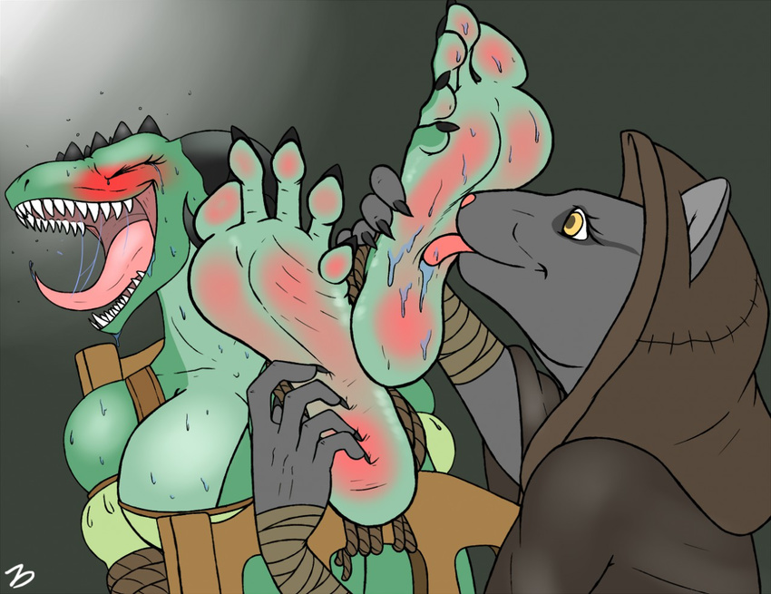 2015 5_toes anthro argonian big_breasts black_claws blush breasts chair claws cloak clothing eyes_closed feet feline female female/female foot_fetish foot_focus foot_lick foot_worship green_eyes horn khajiit licking mammal saliva scalie sharp_teeth simple_background skyrim soles story teeth the_elder_scrolls tickling toes tongue tongue_out tunic video_games wrinkles wristband zp92