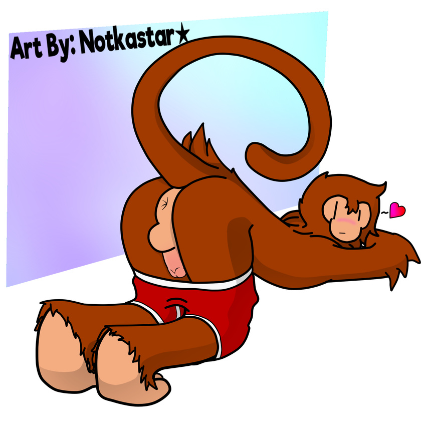 &lt;3 2017 anthro anus balls blush boxer_briefs butt clothed clothing digital_media_(artwork) english_text fur hair male mammal monkey notkastar_(artist) pants_down partially_clothed penis presenting presenting_hindquarters primate simple_background sketch smile solo tagme text underwear underwear_down vertical_bar_eyes