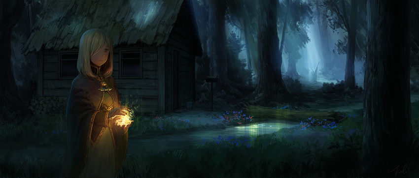 brooch bucket building cloak cowboy_shot dark energy expressionless fallen_tree flower forest glowing glowing_eyes grass hair_over_one_eye high_collar jewelry long_sleeves looking_at_viewer mage mailbox_(incoming_mail) medallion moonbeam moonlight nature night original outdoors red_eyes scenery shack short_hair solo stream usada_yuh white_hair
