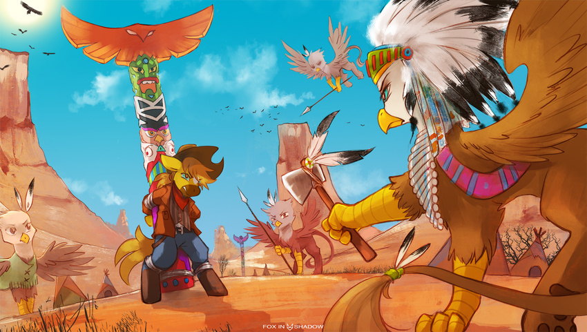 axe beak blue_eyes brown_feathers brown_fur clothed clothing day detailed_background equine fan_character feathered_wings feathers feral flying fur holding_object holding_weapon mammal melee_weapon my_little_pony polearm sky spear weapon wings yellow_beak zero-sum