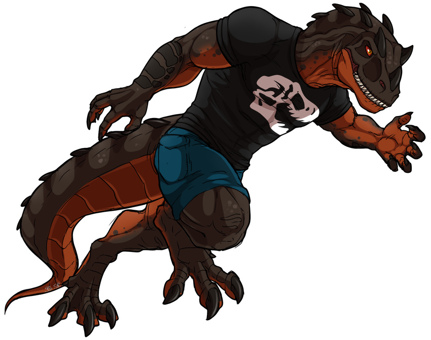 2016 action_pose anthro barefoot brown_scales ceratosaurus claws clothing cultmastersleet digitigrade dinosaur grey_scales grim_(grimsaurus) male multicolored_scales muscular muscular_male red_sclera running scales scalie sharp_teeth shirt shorts side_view simple_background slit_pupils smile solo teeth theropod two_tone_scales white_background yellow_eyes