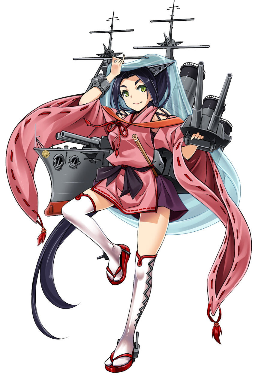 anchor black_hair full_body green_eyes highres japanese_clothes kantai_collection kneehighs kurama_(armored_cruiser) long_hair mecha_musume original personification rakujin rigging smokestack solo tabi turret veil very_long_hair white_legwear wide_sleeves